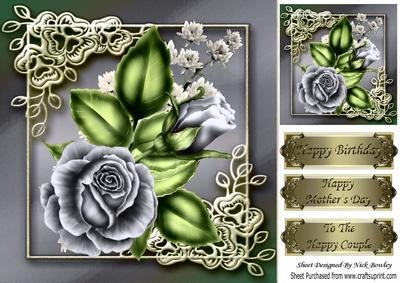 Pretty Silver Rose in Ornate Frame 8x8