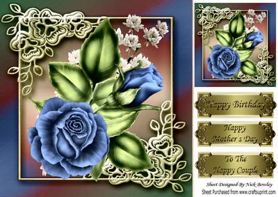 Pretty Blue Rose in Ornate Frame 8x8