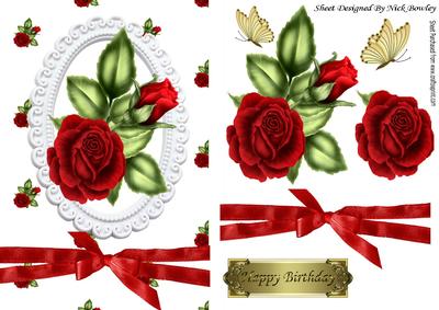 Red Roses in White Ornate Frame with Red Bow