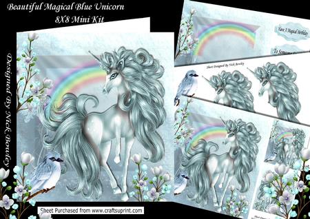 Fantasy Blue Unicorn with Rainbow & Bird 8x8 Mini Kit