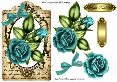 Turq Roses on a Tag with Script Writing