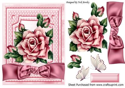 Painted Vintage Pink Rose with Butterflies and Bow