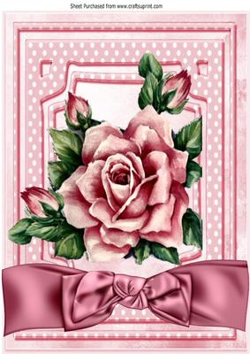 Painted Vintage Pink Rose with Butterflies and Bow A4