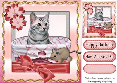 Cute Kitten and Mouse in a Basket with Bow 8x8