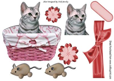 Cute Kitten and Mouse in a Basket with Bow A4