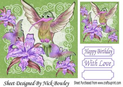 Pretty Humming Bird with Purple Lillies and Butterflies 7x7