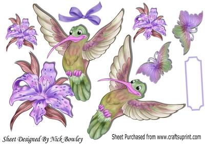 Pretty Humming Bird with Purple Lillies and Butterflies A4