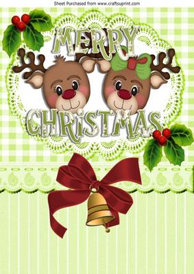 Cute Reindeers with Holly and Christmas Bells A4
