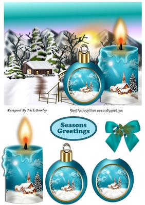 Lovely Snow Scene with Cottage, Turq Candle and Bauble