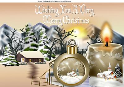 Lovely Snow Scene with Cottage, Beige Candle and Bauble A4