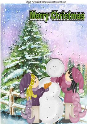 Little Girls Building a Snowman in the Snow A4