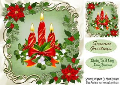Red Candles,holly & Poinsettias 8x8