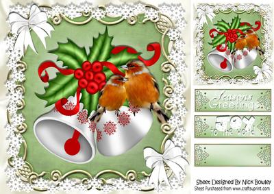 White Christmas Bells & Bows with Robins 8x8