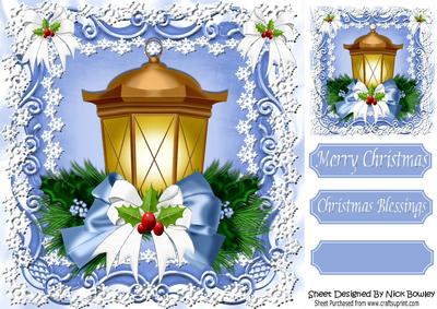 Christmas Lantern with Blue/white Ribbons & Holly 8x8