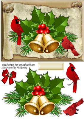 Vintage Scroll with Bells and Red Cardinals