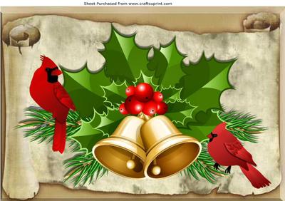 Vintage Scroll with Bells and Red Cardinals A4