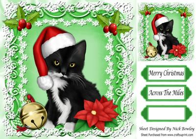 Cute Black Kitty in Santa Hat with Bell 8x8