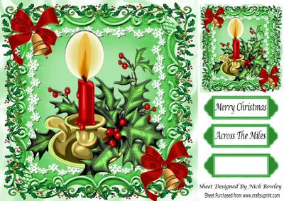 Candle in Holder with Holly and Berries 8x8