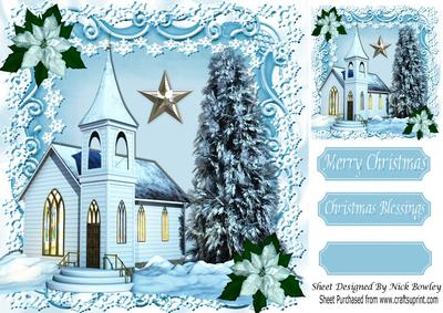 Pretty Church in the Snow with Silver Star 8x8