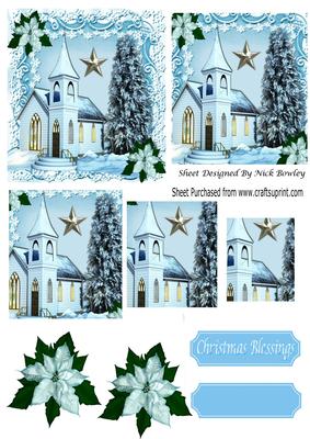 Pretty Church in the Snow with Silver Star Pyramids