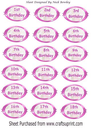 Oval Birthday Tags 1st to the 18th Pink