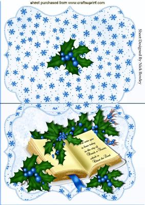 Holy Bible with Holly and Blue Snowflakes Bracket Card