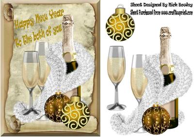 Happy New Year! Champagne and Glasses Gold Baubles