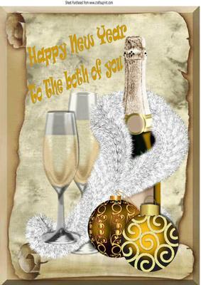 Happy New Year! Champagne and Glasses Gold Baubles A4