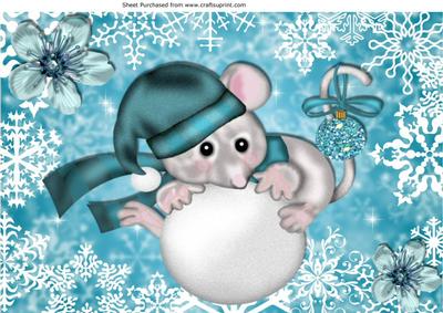 Little Christmas Mouse on a Snowball A4