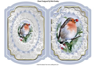 Lovely Robin in the Snow on Lace with Bow Bracket Card