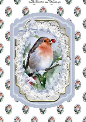 Robin in the Snow on Lace Bracket with Bow A4