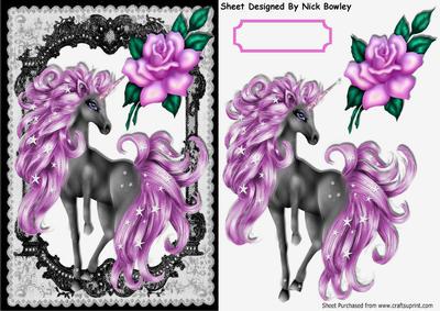Beautiful Fantasy Unicorn with Pink Rose & Black Lace