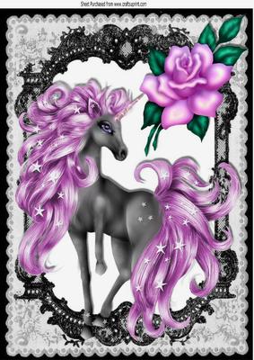 Beautiful Fantasy Unicorn with Pink Rose & Black Lace A4