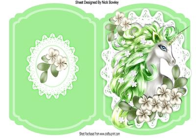 Fantasy Unicorn with Green Mane on Lace Bracket Card