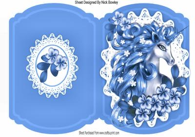 Blue Fantasy with Unicorn and Flowers on Lace Bracket