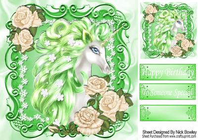 Fantasy in Green with Cream Roses and Unicorn 8x8