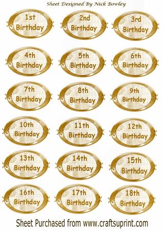 Oval Birthday Tags 1st to the 18th Gold