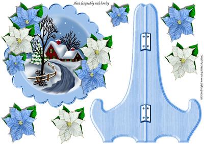 Pretty Cottage with Snow & White/blue Poinsettias Plate