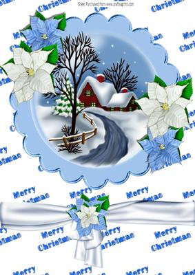 Pretty Cottage with Snow & Poinsettias on a Plaque A4