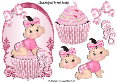 Cute Baby Pink Cupcake, with Her Rattle on a Plaque