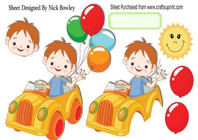 Boy in His Car with Balloons A4