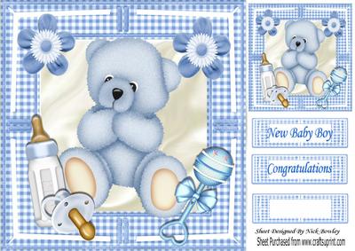 Blue Cuddly Baby Bear with Rattle and Bottle 8x8