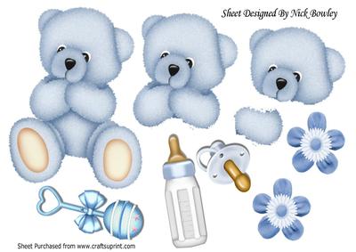 Blue Cuddly Baby Bear with Rattle and Bottle A4