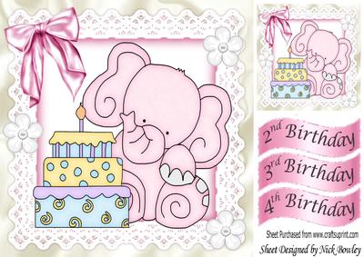 Cute Pink Elephant with Birthday Cake 8x8
