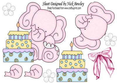 Cute Pink Elephant with Birthday Cake A4