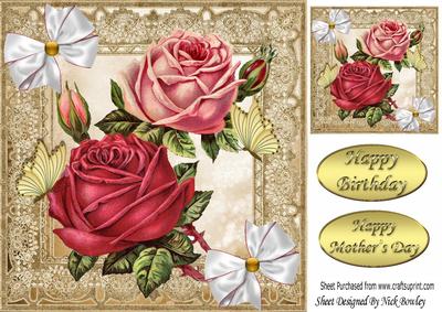Pretty Pink and Red Roses with Gold Butterflies 8x8