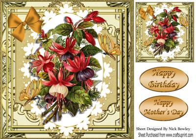 Pretty Fuschia in Ornate Frame with Gold Butterflies 8x8