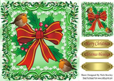 Holly, Snowflakes and Robins with Big Bow 8x8