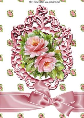 Pretty Pink Roses and Bow in Ornate Frame A4