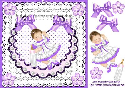 Cute Baby Girl on Purple Bib with Pearls and Bows 8x8